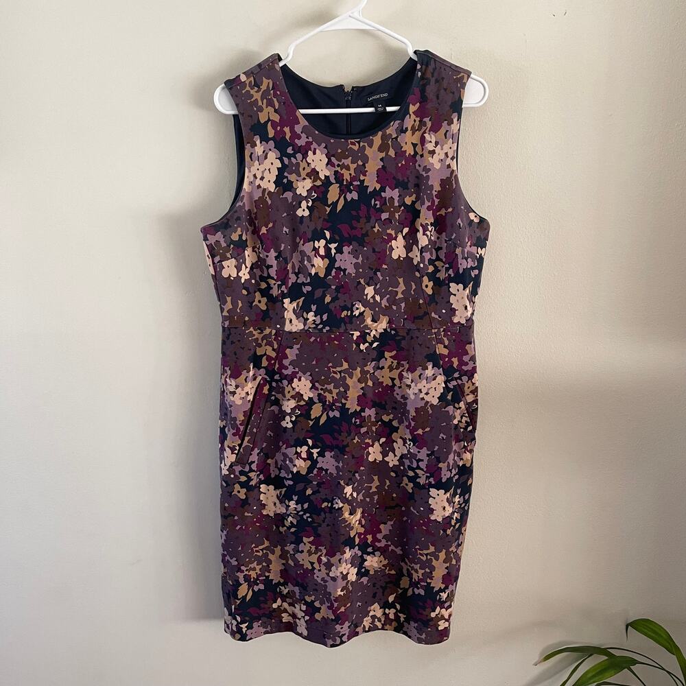 Lands End Womens 14 Purple Floral Sleeveless Ponte Knit Sheath Dress Pockets